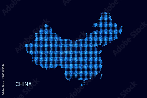 China Map - Blue Dotted Halftone Vector Illustration on Dark Navy Background, Abstract Circle Grid Silhouette Design for Infographic and Modern Presentation Use.