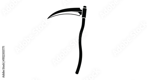 A stark black scythe stands out against a white background silhouette