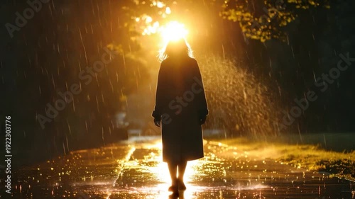 Silhouette of a person walking on a wet path in front of a bright sun