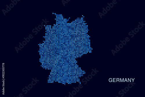 Germany Map - Blue Dotted Halftone Vector Illustration on Dark Navy Background, Abstract Circle Grid Silhouette Design for Infographic and Modern Presentation Use.