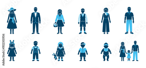 Diverse collection of blue people icons representing family members of different ages and genders in various clothing styles, including formal wear, casual outfits, and children's costumes