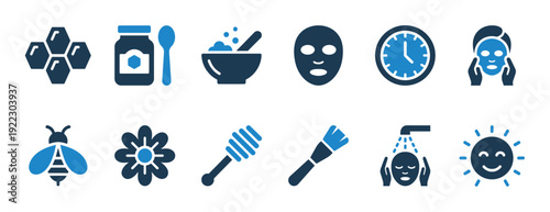 Set of blue skincare and beauty icons representing a natural honey facial mask routine with symbols for ingredients, application, and treatment for healthy skin
