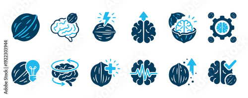 Collection of blue walnut and brain icons representing intelligence, mental health, brainstorming, and cognitive function with minimalist vector symbols for ideas and improvement