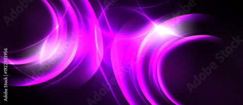 Abstract pink energy flows, bright light source. Dynamic curves create futuristic visual impact. Dark background emphasizes glowing shapes.