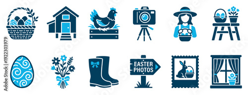 Collection of blue Easter and spring icons featuring a basket of eggs, a chicken, a camera, a bunny, and flowers for a festive holiday photoshoot theme