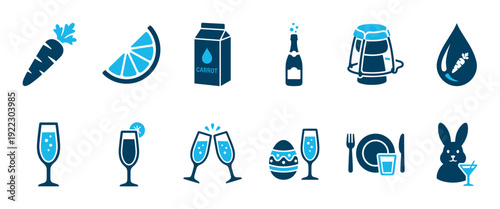 Set of blue food, drink, and Easter celebration icons including a carrot, bunny, decorated egg, champagne, and beer presented in a minimalist flat vector illustration
