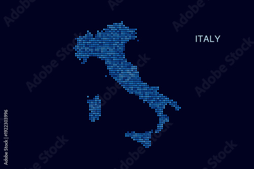 Italy Map - Blue Dotted Halftone Vector Illustration on Dark Navy Background, Abstract Circle Grid Silhouette Design for Infographic and Modern Presentation Use.