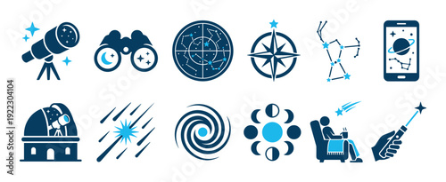 Diverse collection of astronomy-themed flat icons depicts celestial objects, stargazing tools, and cosmic phenomena in a modern, two-tone graphic style, conveying wonder and exploration