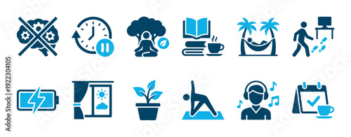 This comprehensive set of two-tone blue icons illustrates various aspects of mental well-being, stress relief, and work-life balance, promoting self-care and relaxation