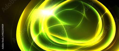 Bright abstract swirls, luminous yellow, green hues dominate. Dark background emphasizes radiant energy, dynamic composition.