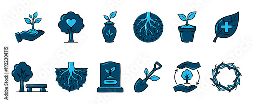 Diverse collection of blue-toned nature and ecology icons illustrating environmental care, growth, sustainability, and botanical concepts in a clean, illustrative style