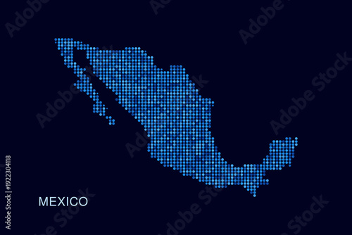 Mexico Map - Blue Dotted Halftone Vector Illustration on Dark Navy Background, Abstract Circle Grid Silhouette Design for Infographic and Modern Presentation Use.