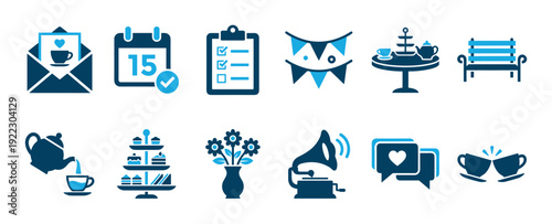 Collection of blue tea party icons for event planning and celebration including an invitation, calendar, checklist, cakes, and teapot in a flat vector style illustration