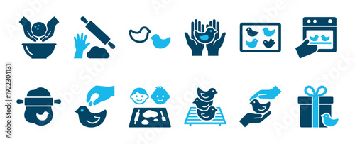 Collection of blue and dark blue baking icons depicting the process of making bird-shaped cookies, from mixing ingredients and rolling dough to cutting shapes, baking in an oven,presenting them a gift