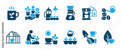 Blue coffee growing and gardening icon set illustrating the farm-to-cup process with symbols for seedlings, greenhouses, beans, and brewing methods