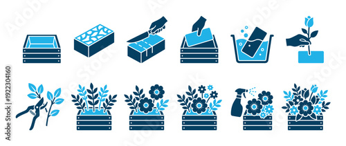 Blue and dark blue icon set showing the step-by-step process of creating a floral arrangement with foam, a wooden crate, shears, and a spray bottle in a flat vector style