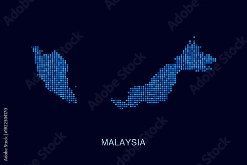 Malaysia Map - Blue Dotted Halftone Vector Illustration on Dark Navy Background, Abstract Circle Grid Silhouette Design for Infographic and Modern Presentation Use.