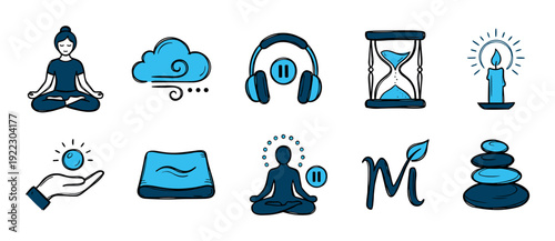 Set of hand-drawn meditation and mindfulness icons in a blue and black doodle style, featuring a yoga lotus pose, stacked stones, headphones, and other wellness symbols for calm