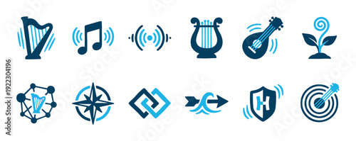 Set of twelve blue and navy icons representing music, technology, and abstract concepts, featuring a harp, lyre, compass, and network symbols in a clean, flat design style