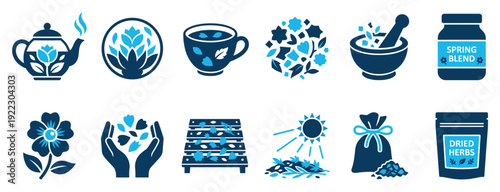 Set of blue herbal tea icons showing the process of making organic infusions from dried flowers and leaves, including a teapot, cup, mortar, and pestle for a wellness concept
