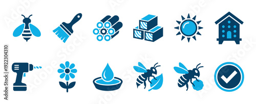 Blue and black flat icon set for building a DIY insect hotel, featuring a bee, power drill, paintbrush, wooden blocks, flower, and water for a wildlife garden project