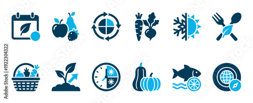 Set of blue seasonal food icons representing agriculture, local eating, and the yearly cycle of produce like fruit, vegetables, and fish in a minimalist flat graphic style
