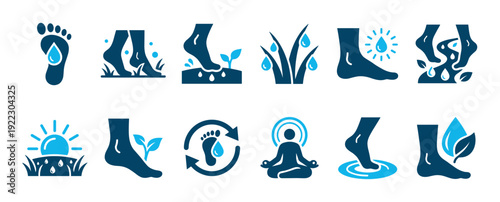 Set of blue flat design icons illustrating concepts of foot care, nature, wellness, and ecology with symbols of feet, water, and plants