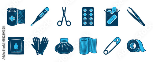 Set of blue first aid kit icons illustrated in a hand-drawn sketch style, featuring a bandage, thermometer, scissors, pills, plaster, gloves, and other medical emergency supplies
