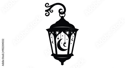 Intricate black lantern design hanging from a decorative hook silhouette