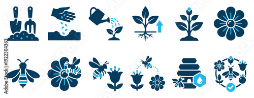 Set of blue gardening and beekeeping icons showing the process of planting seeds, watering sprouts, plant growth, pollination by bees, and honey production in a flat vector style