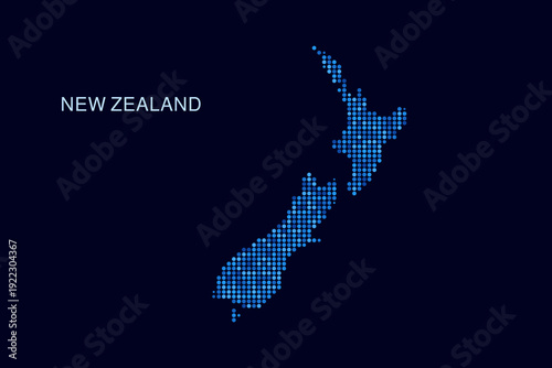 New Zealand Map - Blue Dotted Halftone Vector Illustration on Dark Navy Background, Abstract Circle Grid Silhouette Design for Infographic and Modern Presentation Use.