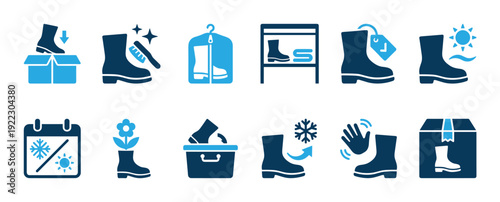 Footwear care and usage instruction icon collection featuring blue glyphs for cleaning, storage, seasonal use, packaging, and shipping boots for retail or e-commerce