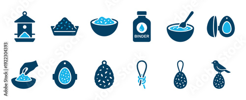 Set of blue two-tone icons showing the step-by-step process of making homemade bird food, from mixing seeds and binder to forming suet cakes for a winter bird feeder