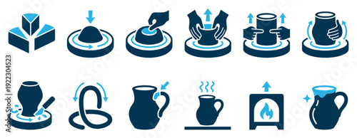 Set of blue pottery making icons illustrates the step-by-step process of creating ceramics, from throwing clay on a wheel to firing the finished jug in a kiln and glazing