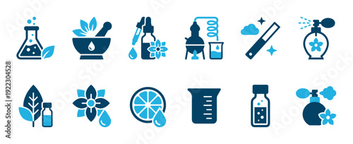Set of blue perfumery and aromatherapy icons showing essential oil extraction, natural ingredients, and laboratory equipment for fragrance creation in a clean, minimalist vector style