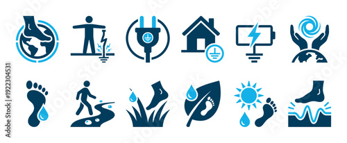 Collection of blue vector icons illustrating grounding concepts, from electrical safety symbols like plugs and circuits to natural earthing for holistic health and wellness