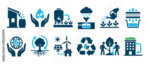 Ecology and water conservation icon set in blue and green showing sustainability, renewable energy, recycling, rainwater harvesting, and environmental protection concepts