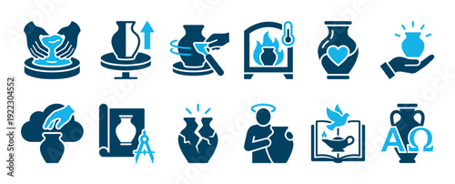 Set of blue Christian icons using pottery metaphors to symbolize God the potter, creation, human brokenness, spiritual refinement, and redemption through faith and divine purpose