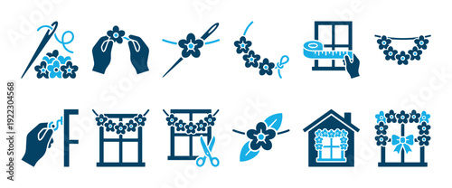 Blue and cyan icon set showing the process of making a flower garland and decorating a window for a festive home celebration, illustrating a DIY craft project
