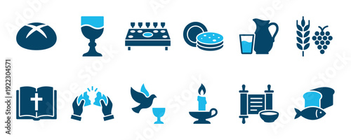 Collection of blue religious icons representing Christian and Jewish faith, including symbols for the Eucharist, Last Supper, Passover, bread, wine, fish, dove, and the Bible