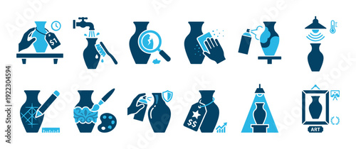 Set of blue glyph icons showing the process of art restoration, valuation, and conservation of a ceramic vase, including cleaning, painting, and appraisal for investment
