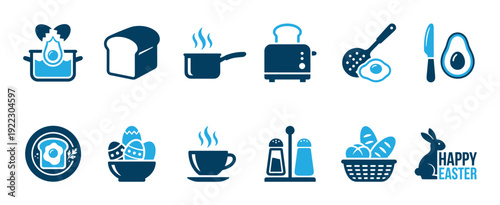 Collection of blue breakfast and Easter themed icons including a toaster, fried egg, bread, coffee, avocado, and a holiday bunny with festive eggs in a bowl