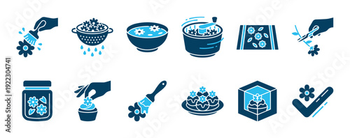 Set of blue two-tone glyph icons showing edible flower preparation, culinary decoration, crafting, and packaging concepts for creative DIY projects