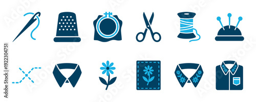 Set of blue sewing and embroidery icons featuring a needle, thimble, scissors, thread, and pincushion for needlework, tailoring, and handmade craft concepts
