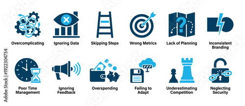 Set of blue business mistake icons showing common pitfalls like poor time management, overspending, and lack of planning, presented in a flat vector infographic style