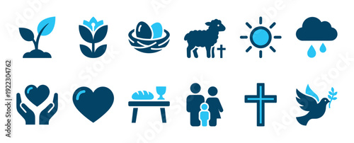 Set of blue Christian faith icons representing spirituality and religion, with symbols like the cross, dove, lamb, communion, heart, and family in a minimalist graphic style