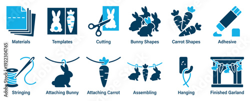 Set of two-tone instructional icons showing the step-by-step process for making a DIY holiday garland with paper bunnies and carrots, from materials to finished decoration