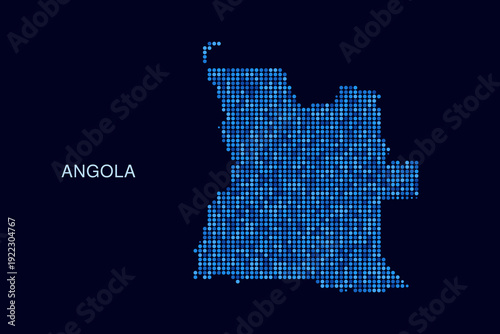 Angola Map - Blue Dotted Halftone Vector Illustration on Dark Navy Background, Abstract Circle Grid Silhouette Design for Infographic and Modern Presentation Use.