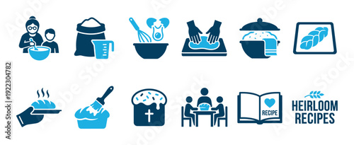 Set of blue graphic icons illustrating the process of baking traditional bread from an heirloom family recipe, showing mixing, kneading, rising, and sharing the meal