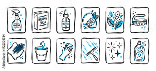 Set of hand-drawn cleaning icons featuring natural and eco-friendly household products like vinegar, baking soda, and lemon in a simple black and blue doodle sketch style
